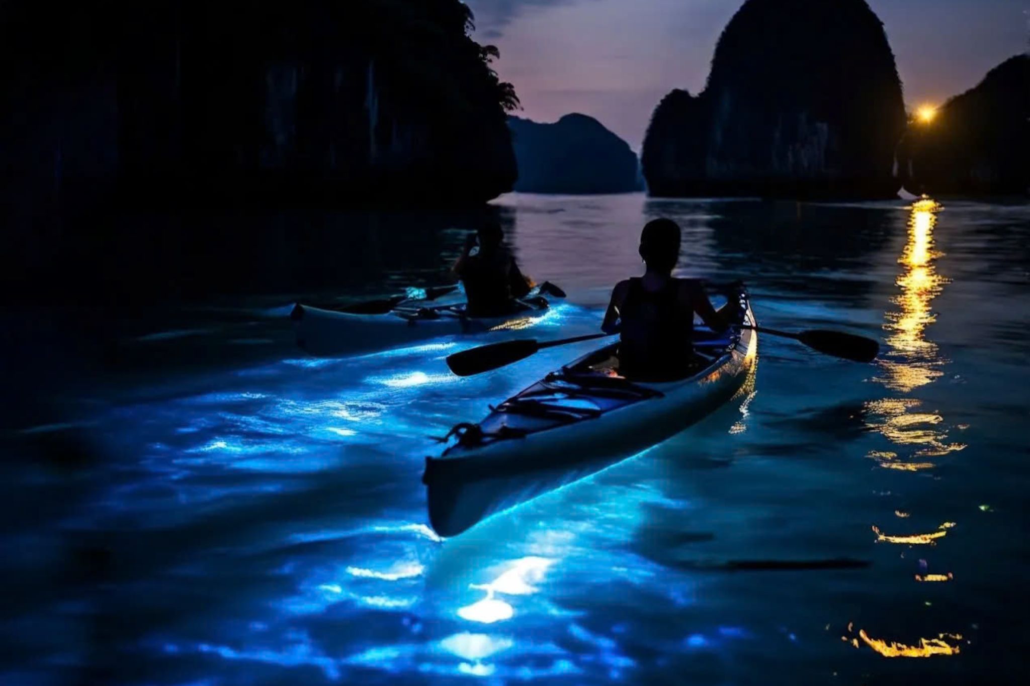 Kayaking at night with glowing bioluminescent plankton in Lan Ha Bay